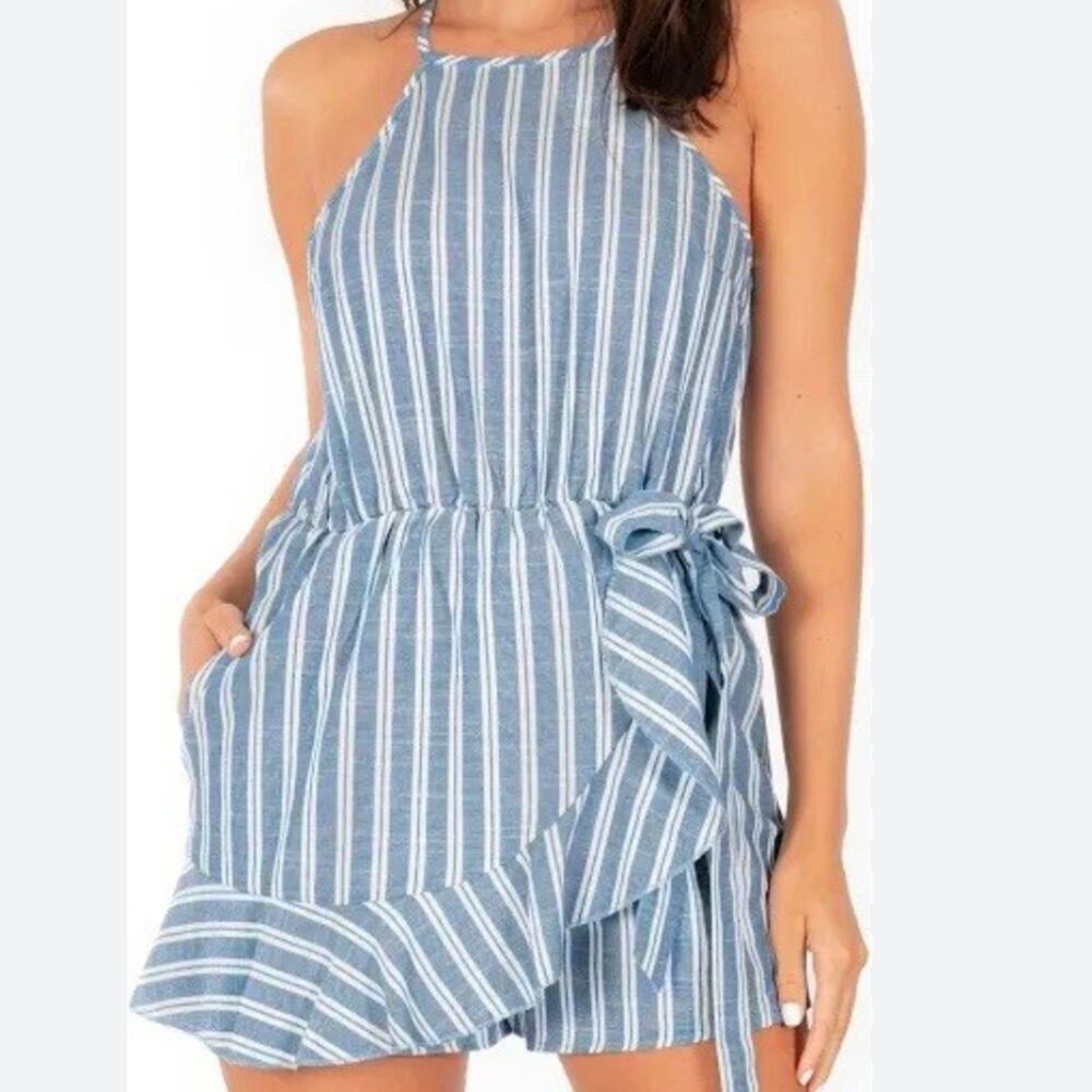 Speechless Blue and White Striped‎ Halter Neck Romper Size XXS #122